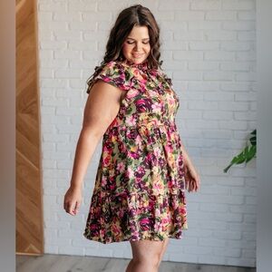 Floral Ruffle Sleeve Babydoll Dress Pink Green Mini